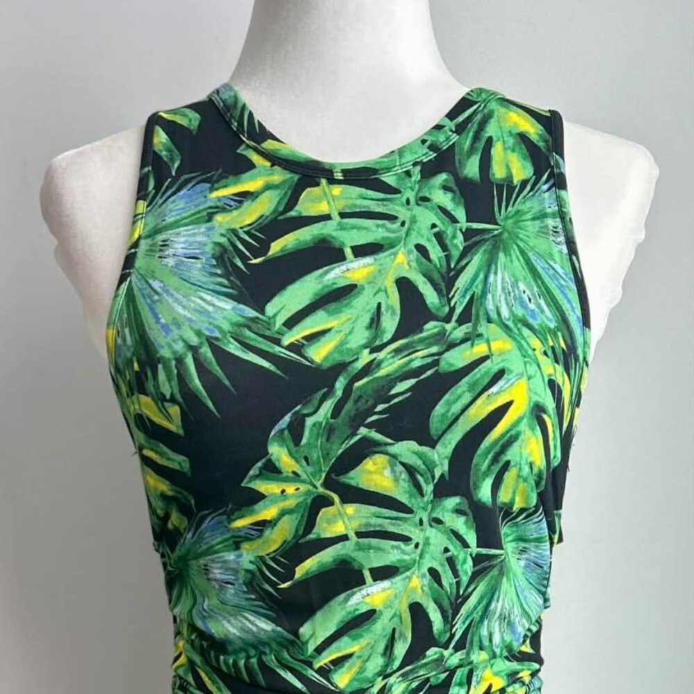 Melanie Lyne Green Tropical Print Ruched Double Layer Stretch Midi Dress – US S